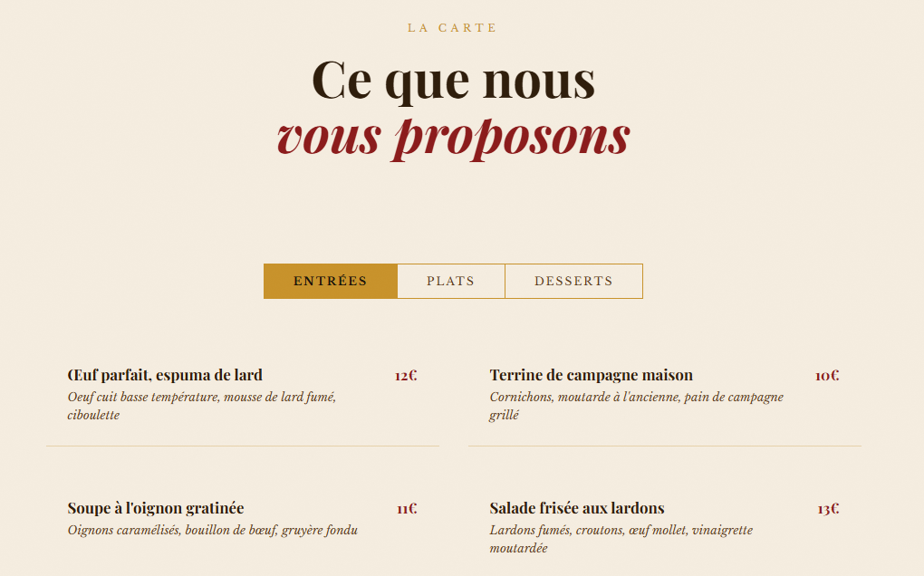 Carte du restaurant